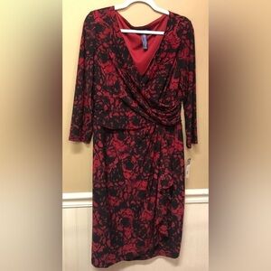 Chaps Red Black Floral Print Empire Waist Dress Size L NWT